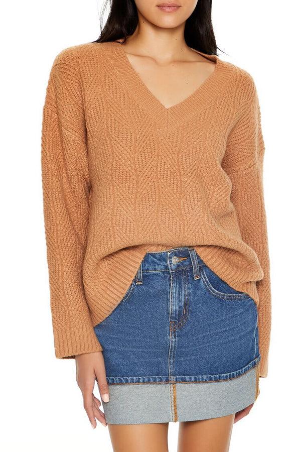 Forever21 Geo V-Neck Drop-Sleeve Sweater CAMEL