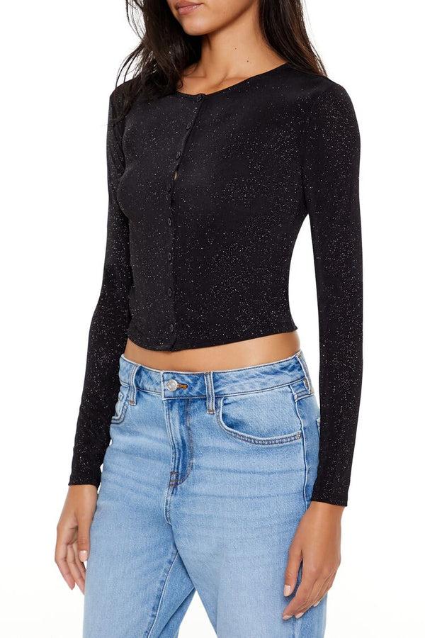Forever21 Glitter Knit Button-Up Crop Top BLACK