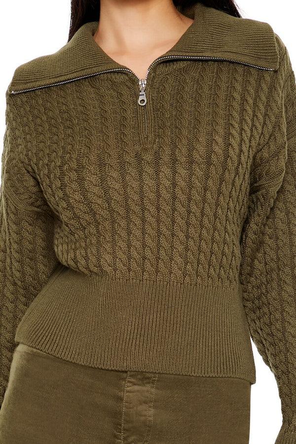 Forever21 Half-Zip Cable Knit Sweater OLIVINE