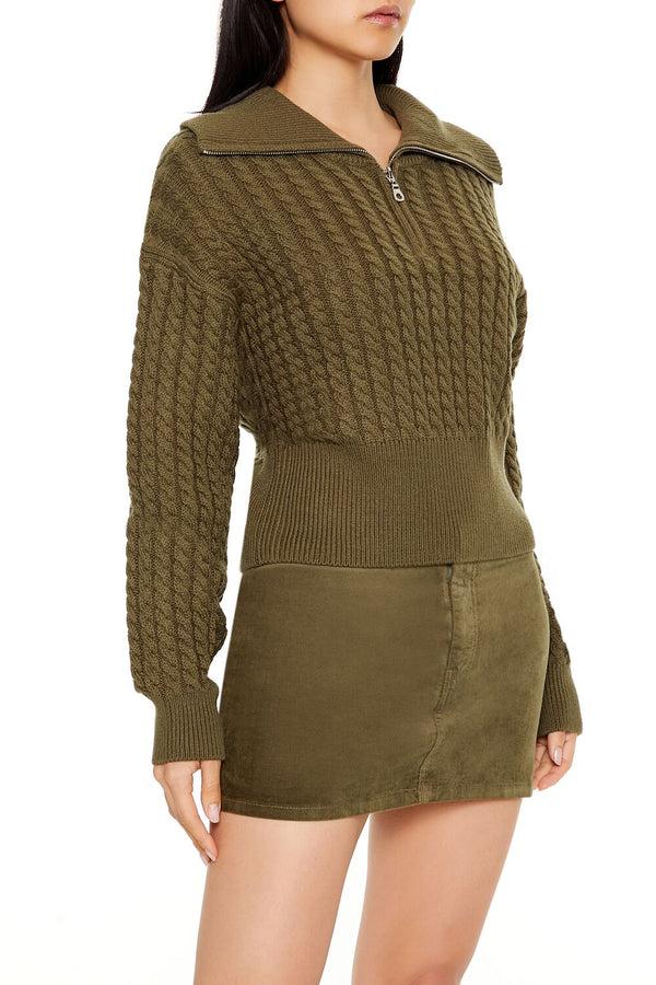 Forever21 Half-Zip Cable Knit Sweater OLIVINE