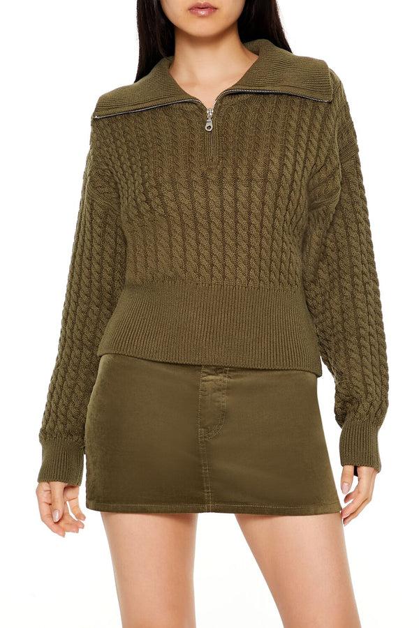 Forever21 Half-Zip Cable Knit Sweater OLIVINE
