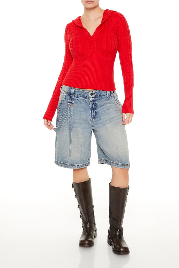 Forever21 Hooded Cable Knit Sweater HIGH RISK RED