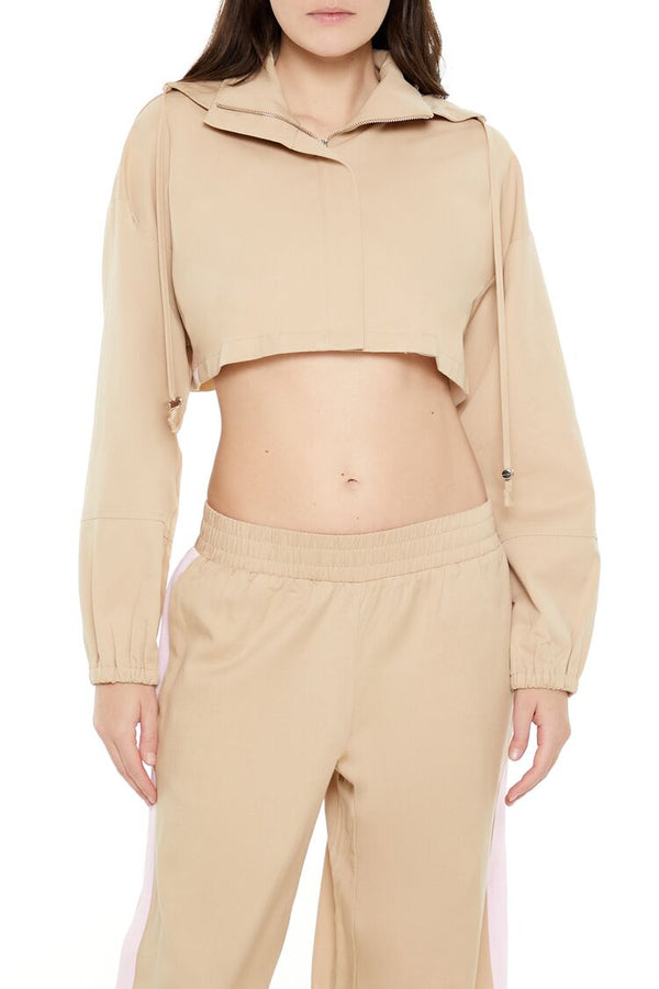 Forever21 Hooded Zip-Up Cropped Jacket DESERT SAND