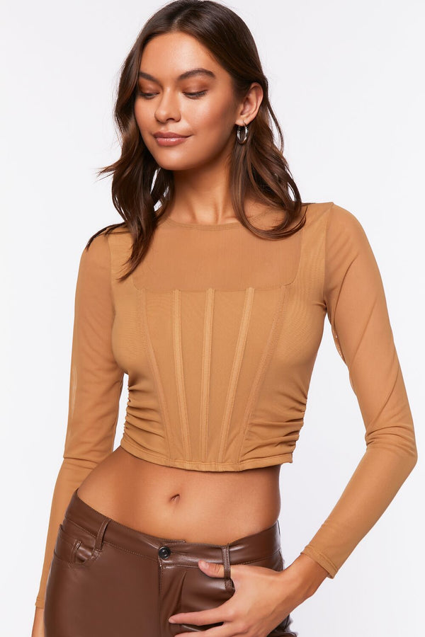 Forever21 Illusion Neckline Corset Crop Top TAN