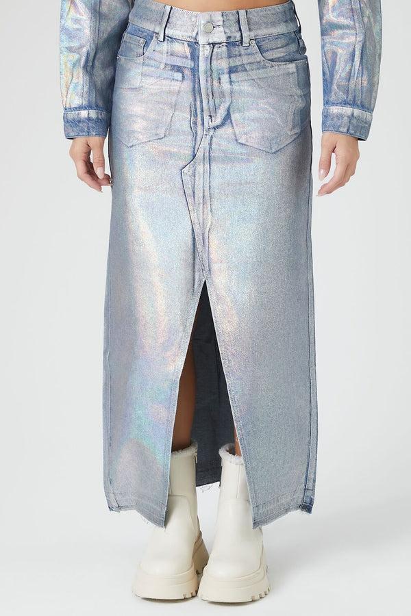 Forever21 Iridescent Denim A-Line Maxi Skirt DENIM