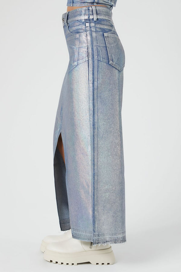 Forever21 Iridescent Denim A-Line Maxi Skirt DENIM