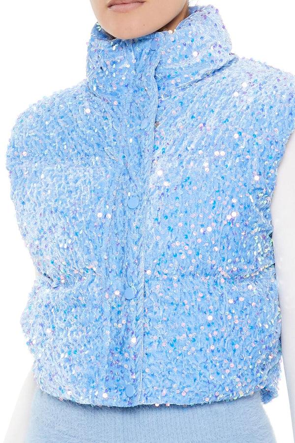 Forever21 Iridescent Sequin Faux Fur Vest BLUE