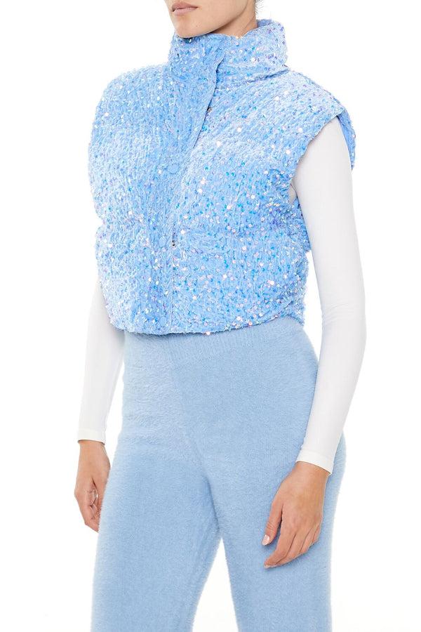 Forever21 Iridescent Sequin Faux Fur Vest BLUE