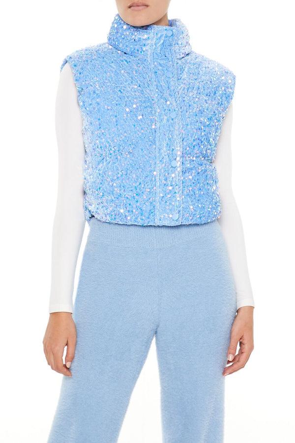 Forever21 Iridescent Sequin Faux Fur Vest BLUE