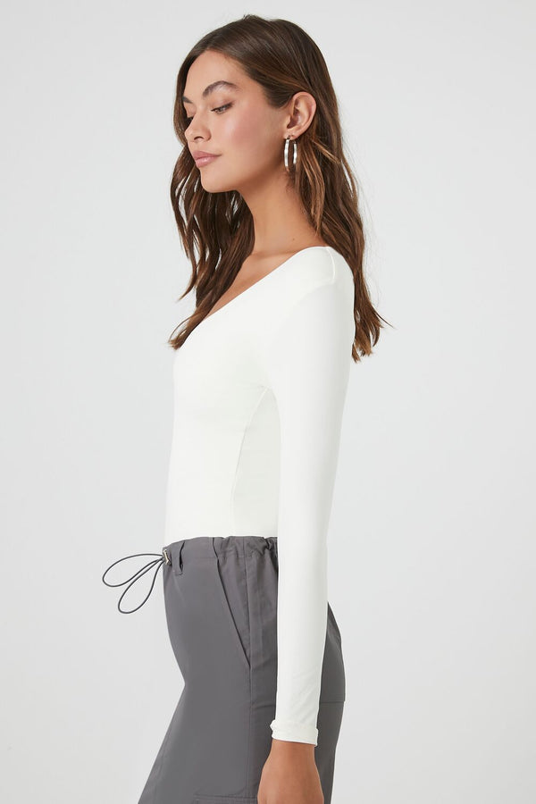 Forever21 Jersey V-Neck Bodysuit WHITE