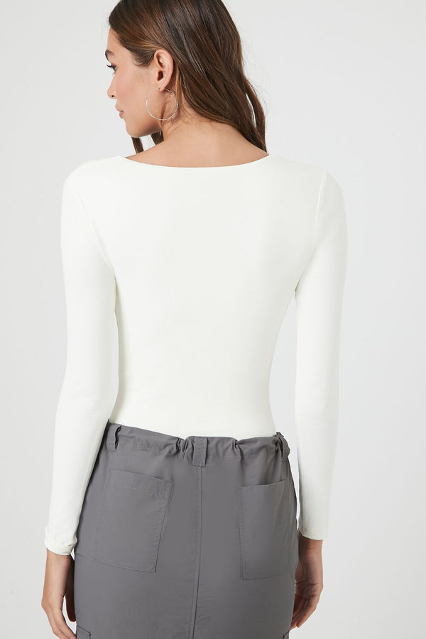 Forever21 Jersey V-Neck Bodysuit WHITE