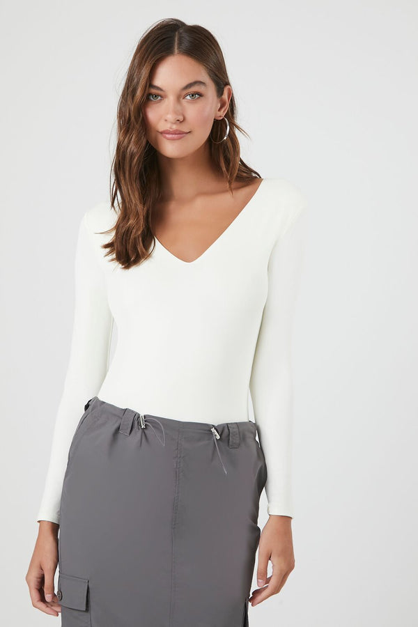 Forever21 Jersey V-Neck Bodysuit WHITE