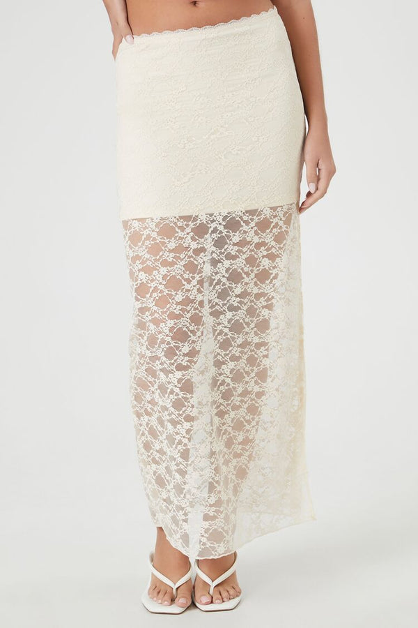 Forever21 Lace Column Maxi Slit Skirt CREAM