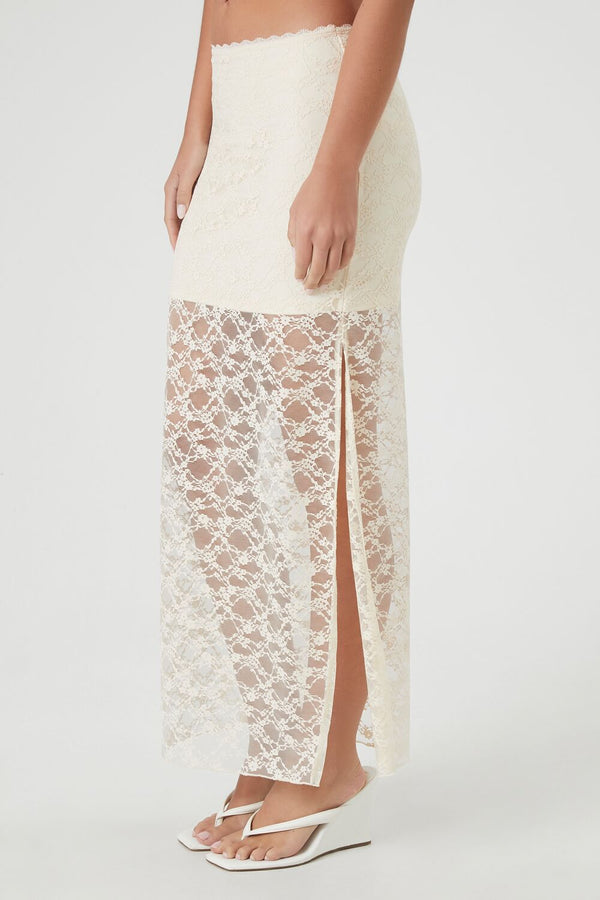 Forever21 Lace Column Maxi Slit Skirt CREAM