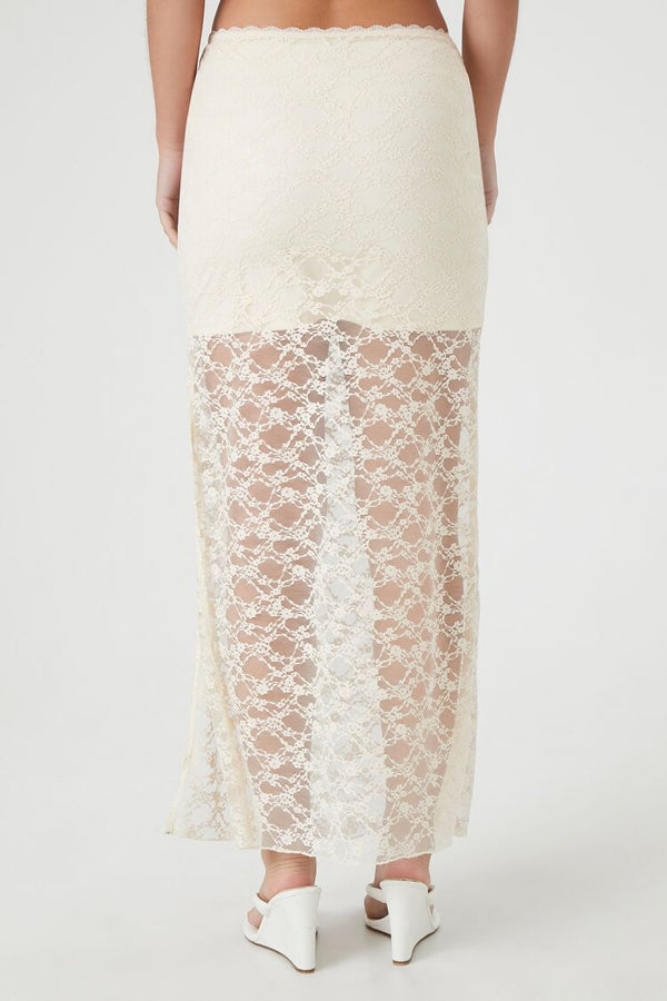 Forever21 Lace Column Maxi Slit Skirt CREAM