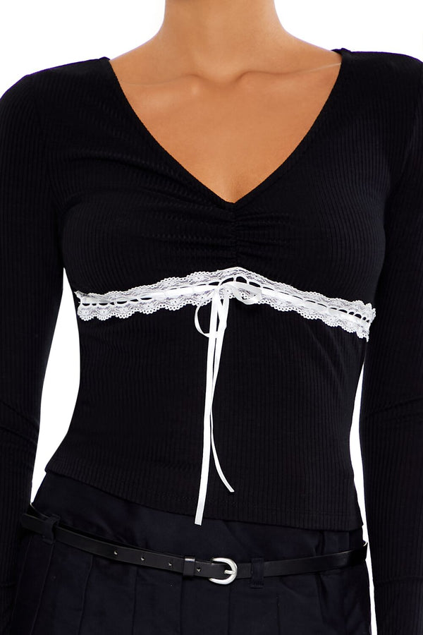 Forever21 Lace-Trim Bow Top BLACK/WHITE