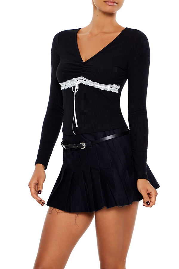 Forever21 Lace-Trim Bow Top BLACK/WHITE