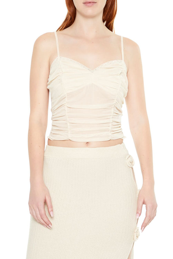 Forever21 Lace-Trim Ruched Mesh Cami TAUPE