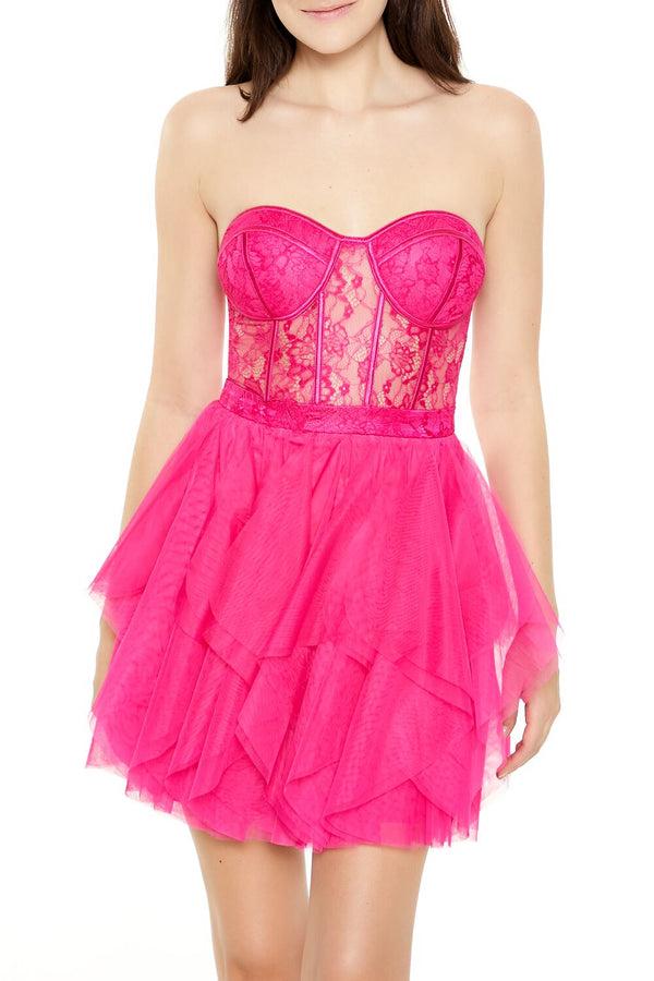 Forever21 Lace & Tulle Bustier Mini Dress HOT PINK