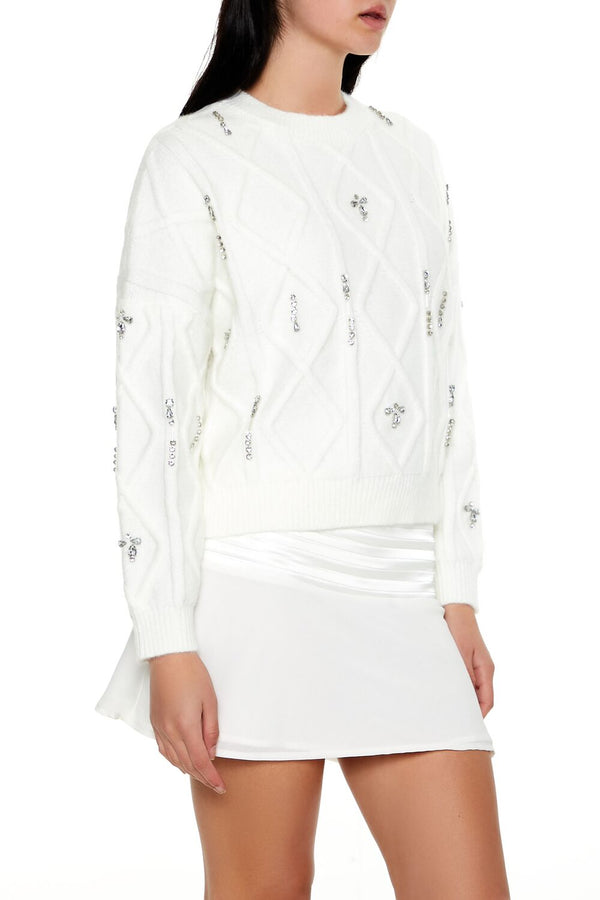 Forever21 Marled Faux Gem Sweater WHITE