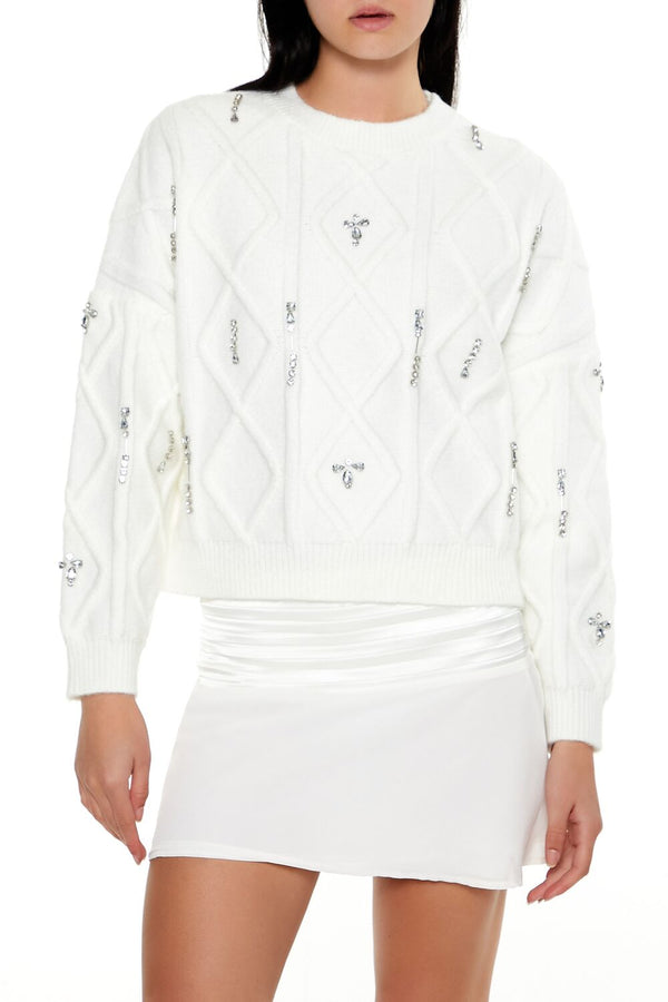 Forever21 Marled Faux Gem Sweater WHITE