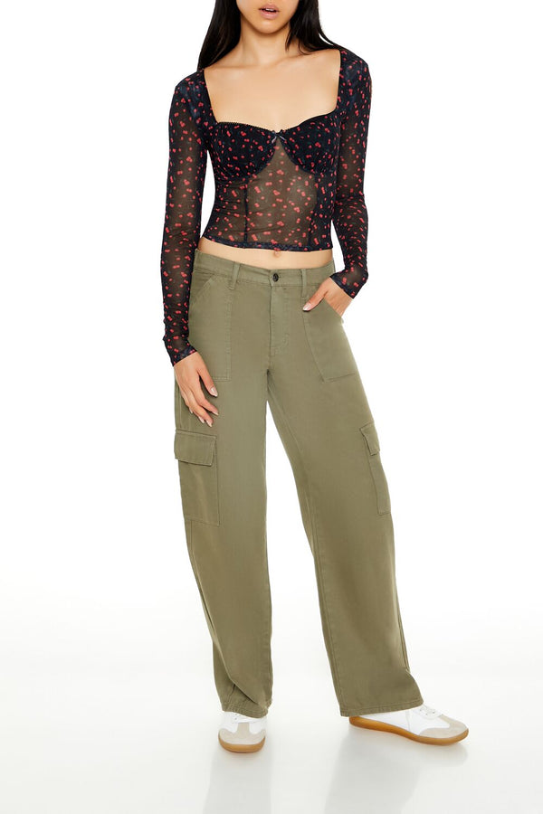 Forever21 Mesh Cherry Print Crop Top BLACK/MULTI