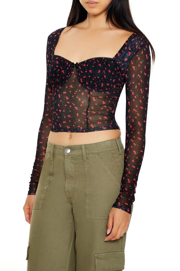 Forever21 Mesh Cherry Print Crop Top BLACK/MULTI