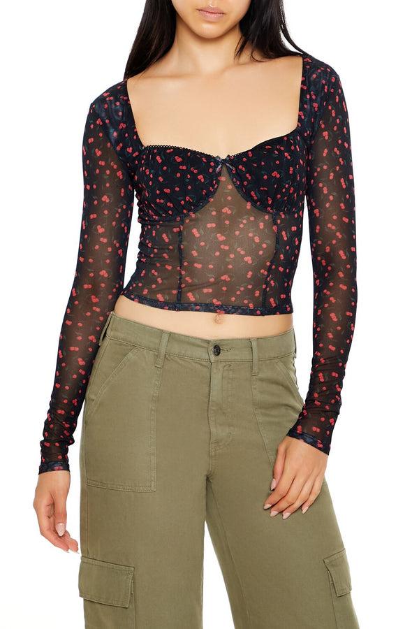 Forever21 Mesh Cherry Print Crop Top BLACK/MULTI
