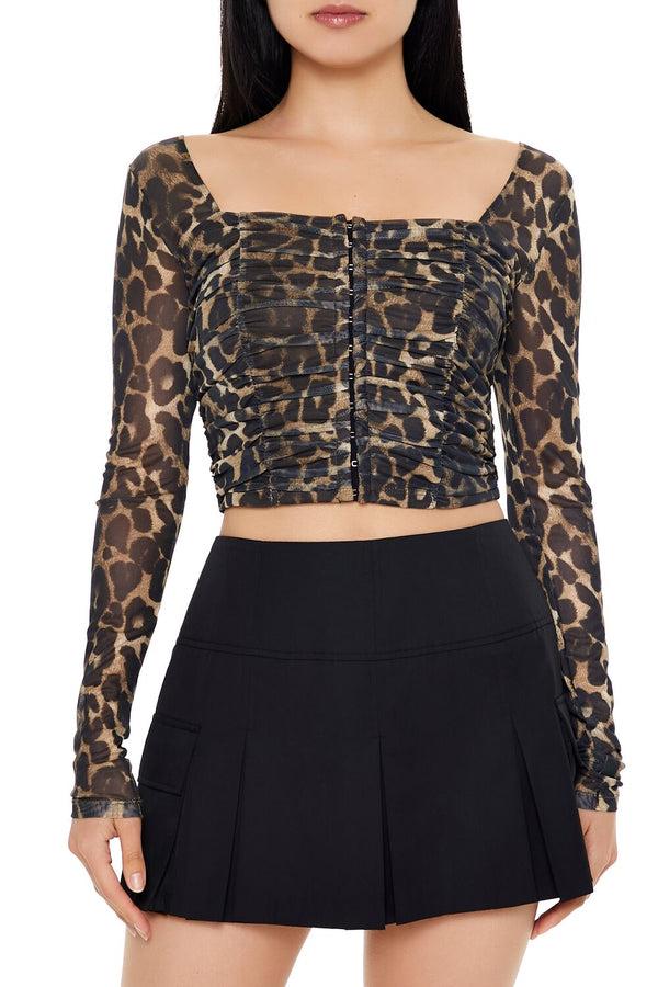 Forever21 Mesh Leopard Print Crop Top BROWN/MULTI