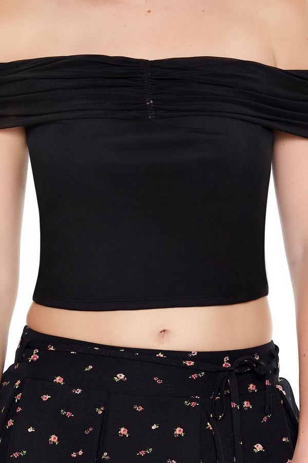 Forever21 Mesh Off-the-Shoulder Crop Top BLACK
