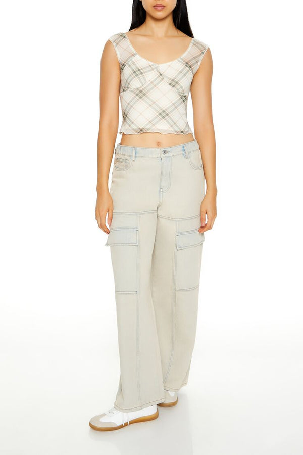 Forever21 Mesh Plaid Cap-Sleeve Top GREEN/MULTI