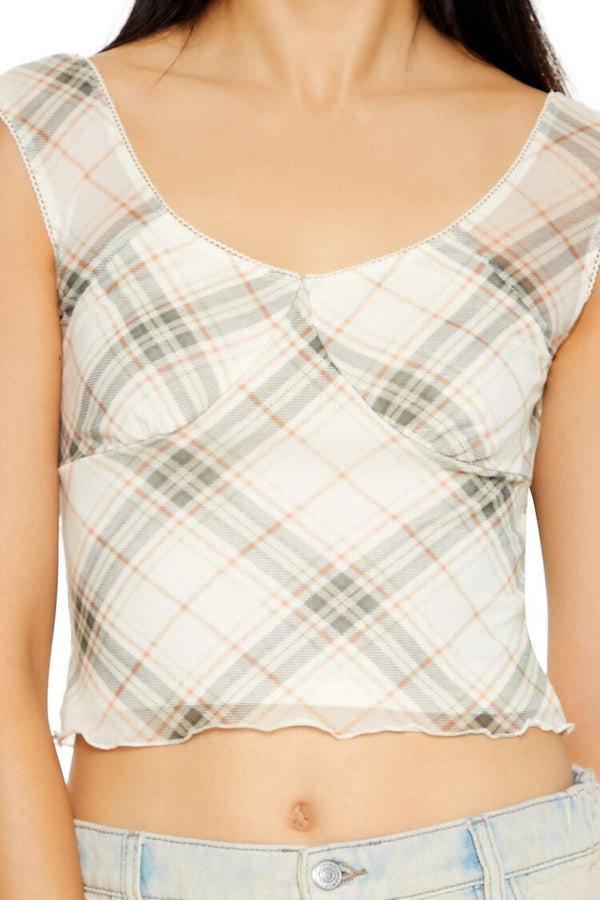 Forever21 Mesh Plaid Cap-Sleeve Top GREEN/MULTI