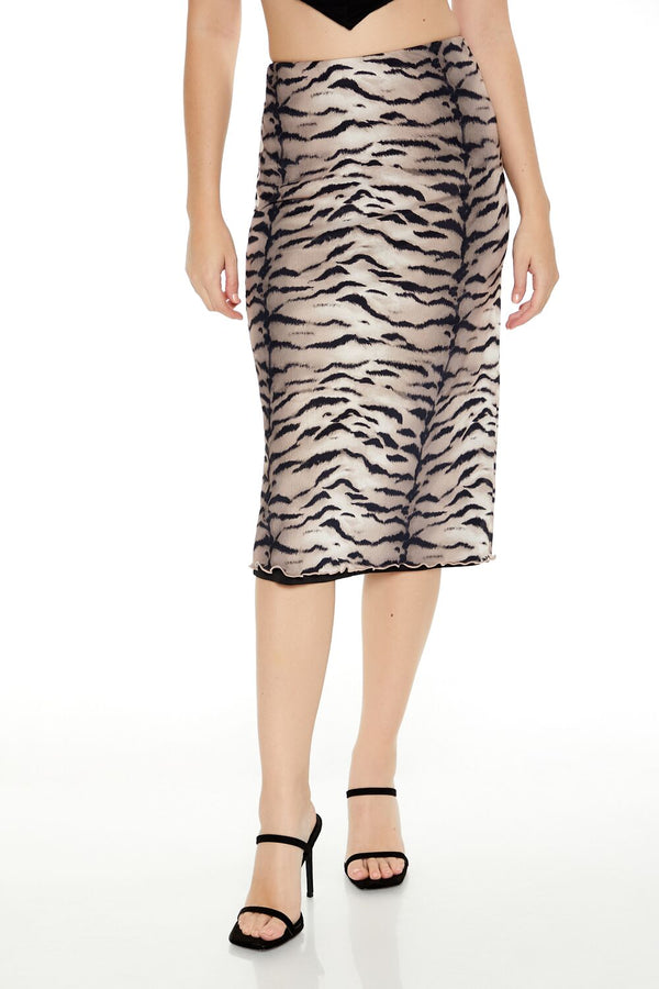 Forever21 Mesh Tiger Print Midi Skirt BLACK/MULTI