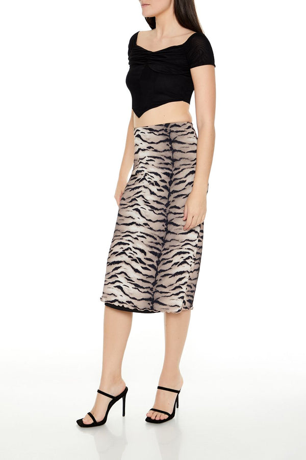 Forever21 Mesh Tiger Print Midi Skirt BLACK/MULTI