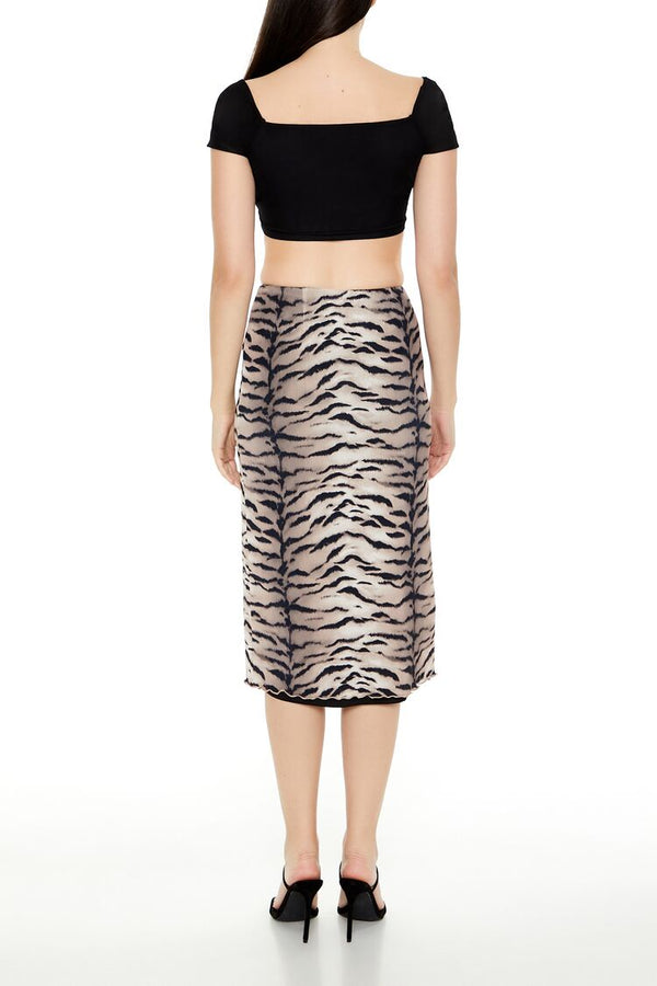 Forever21 Mesh Tiger Print Midi Skirt BLACK/MULTI