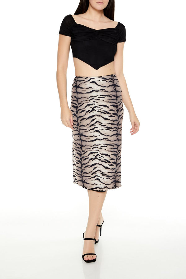 Forever21 Mesh Tiger Print Midi Skirt BLACK/MULTI