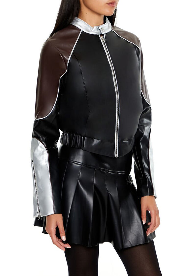 Forever21 Metallic Colorblock Moto Jacket BLACK