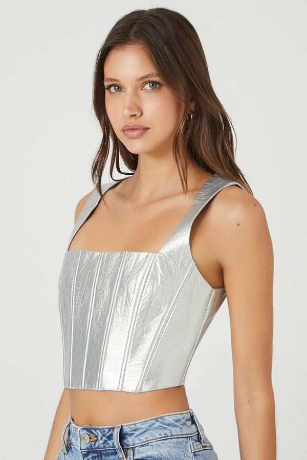 Forever21 Metallic Corset Crop Top SILVER