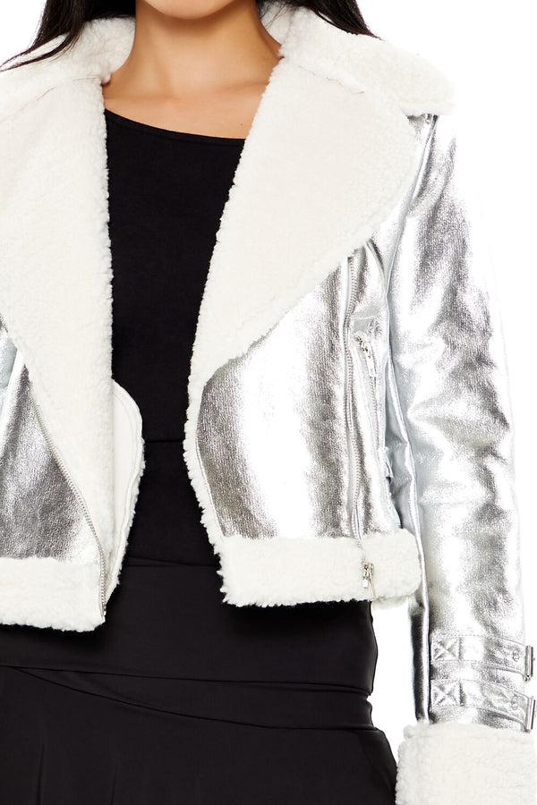 Forever21 Metallic Cropped Moto Jacket SILVER