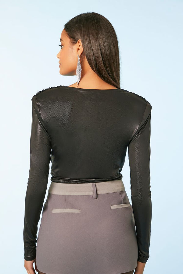 Forever21 Metallic Knit V-Neck Top BLACK