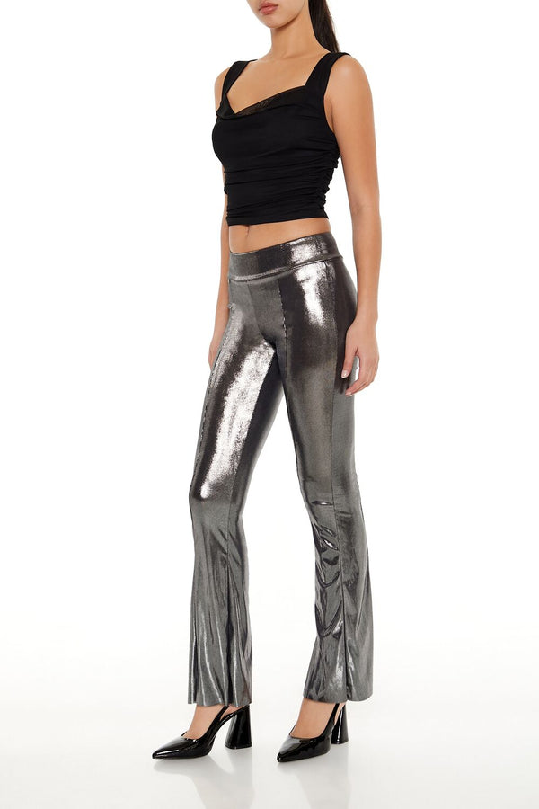 Forever21 Metallic Mid-Rise Flare Leggings SILVER