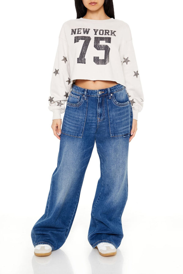 Forever21 New York 75 Cropped Pullover BEIGE/MULTI