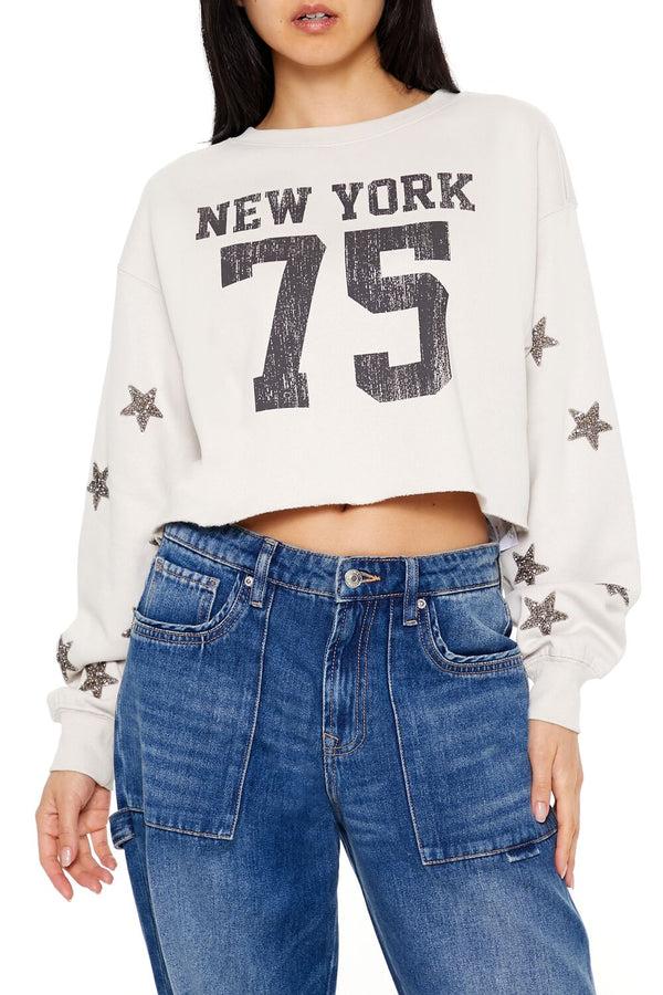 Forever21 New York 75 Cropped Pullover BEIGE/MULTI
