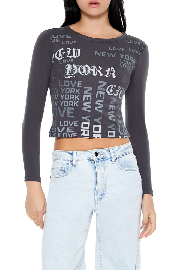 Forever21 New York Graphic Cropped Tee GREY/MULTI