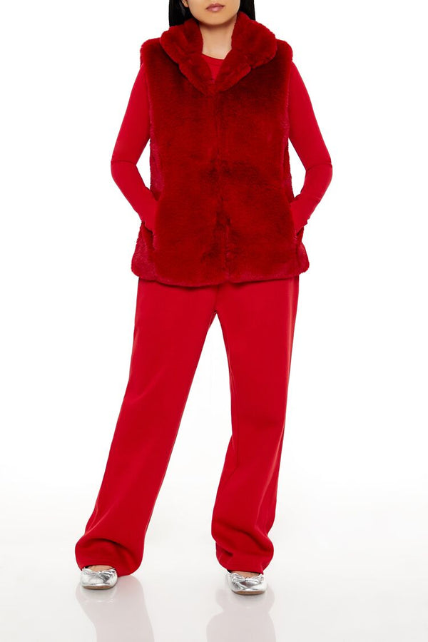 Forever21 Notched Faux Fur Vest DARK RED