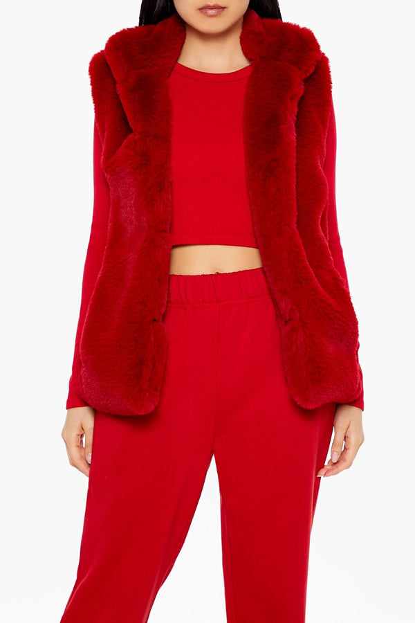 Forever21 Notched Faux Fur Vest DARK RED