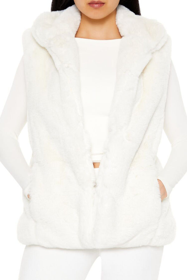 Forever21 Notched Faux Fur Vest WHITE