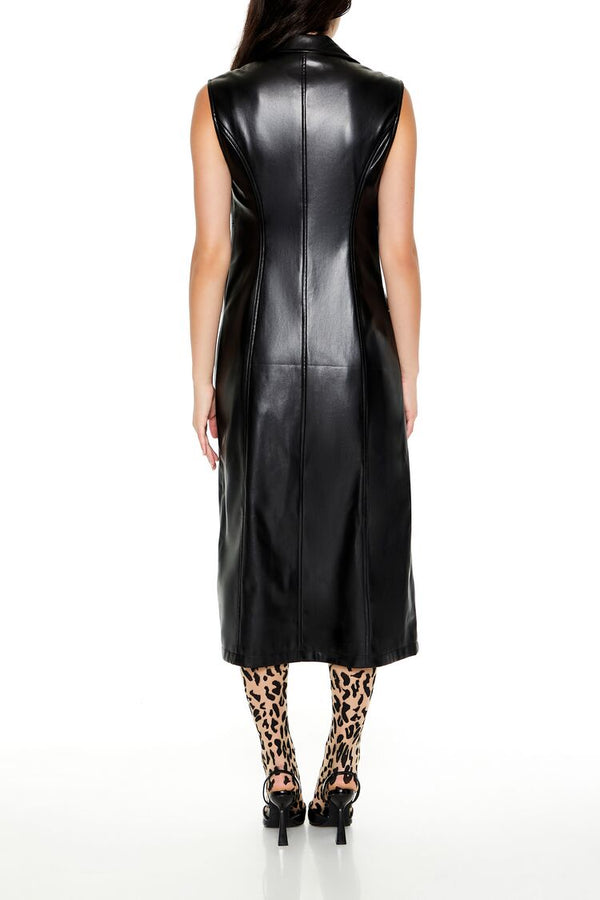 Forever21 Notched Faux Leather Longline Vest BLACK
