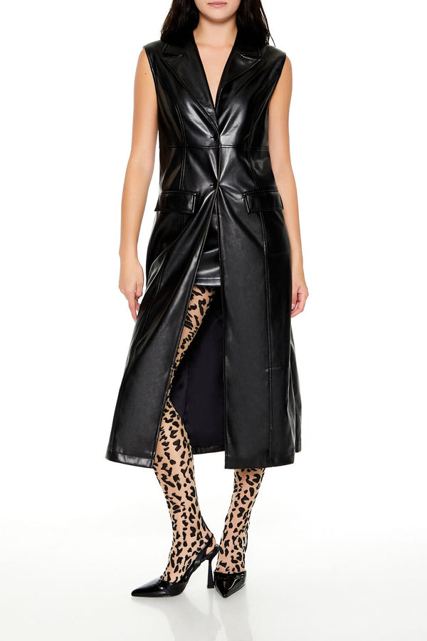 Forever21 Notched Faux Leather Longline Vest BLACK