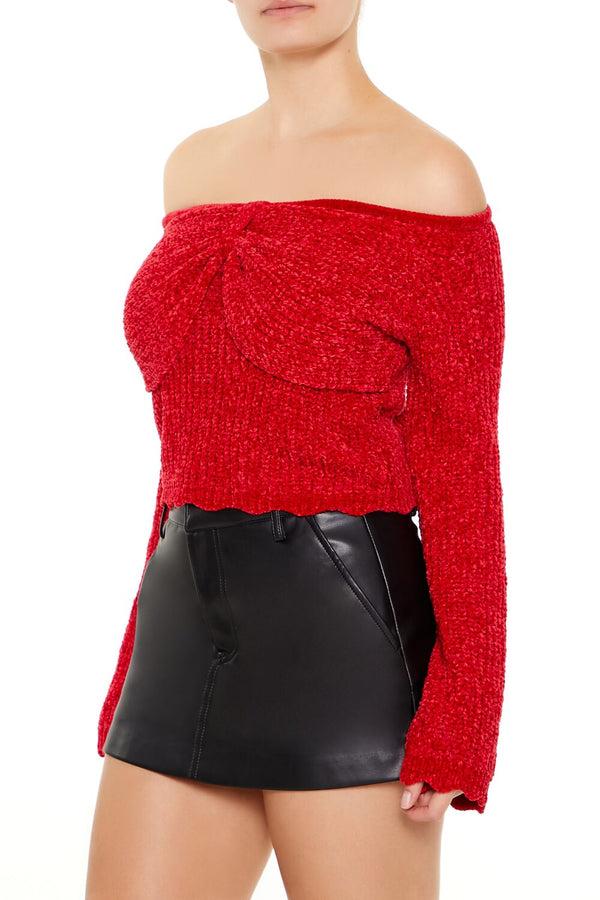 Forever21 Off-the-Shoulder Bow Sweater RED